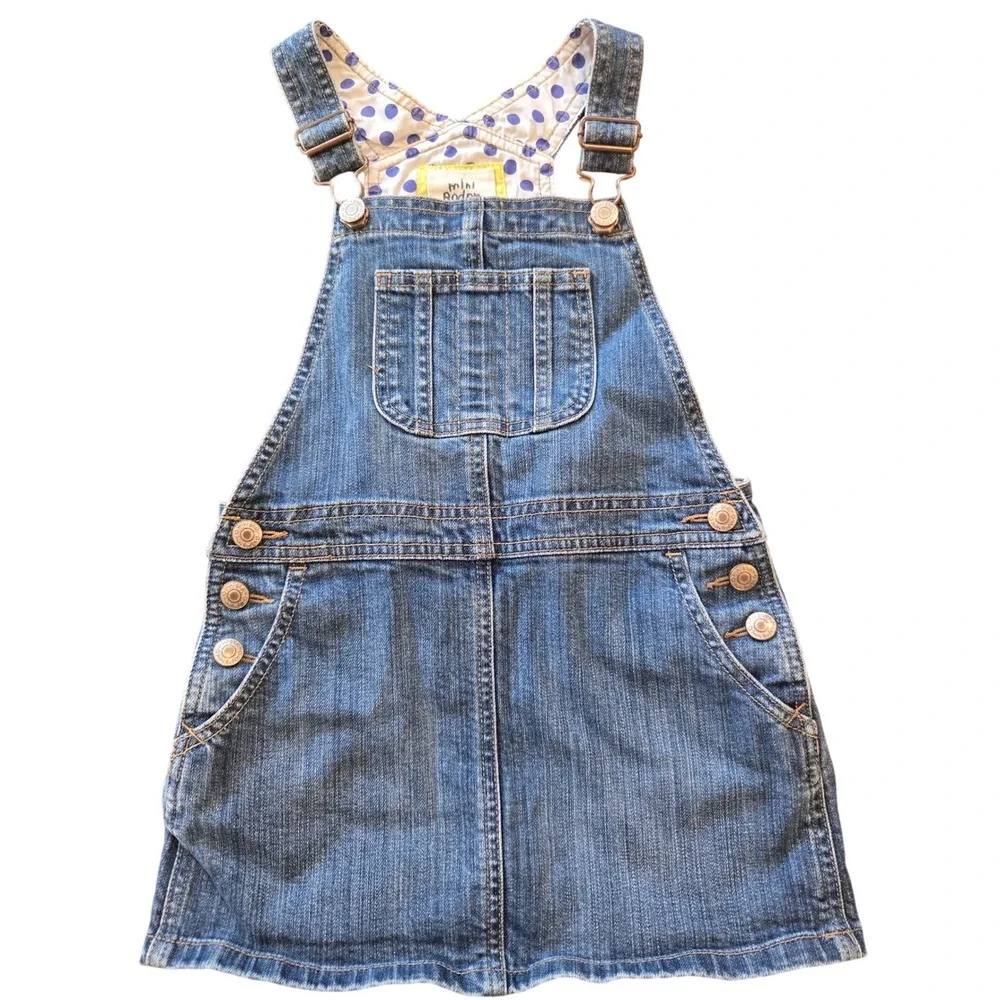 Mini Boden Girls Denim‎ Overalls Blue Polka Dot Lining Size 5-6Y 33319